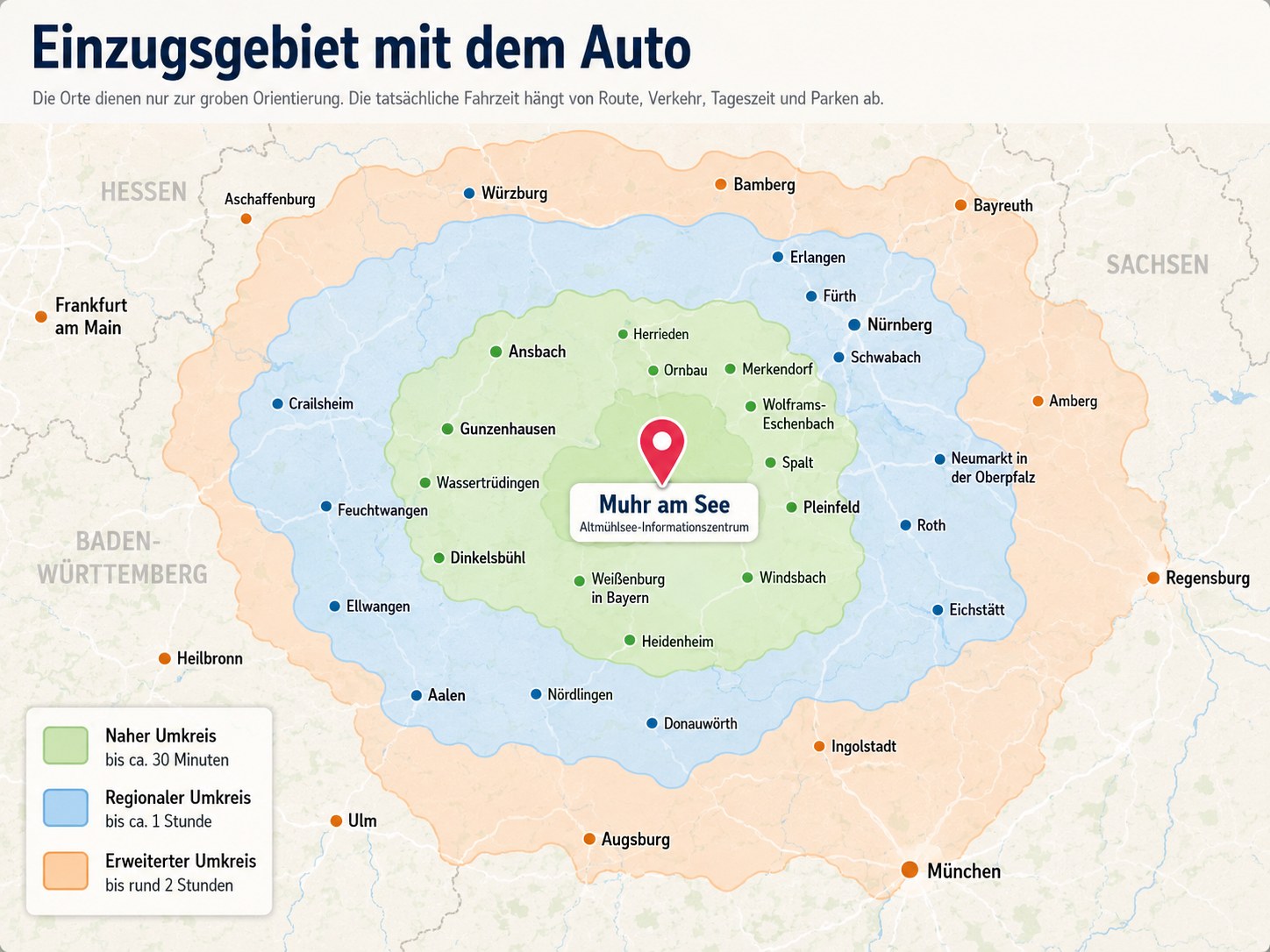 Karte des Einzugsgebiets mit dem Auto rund um Muhr am See